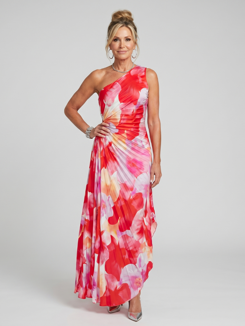 Fiora | One Shoulder Pleated Bodice Midi Dress