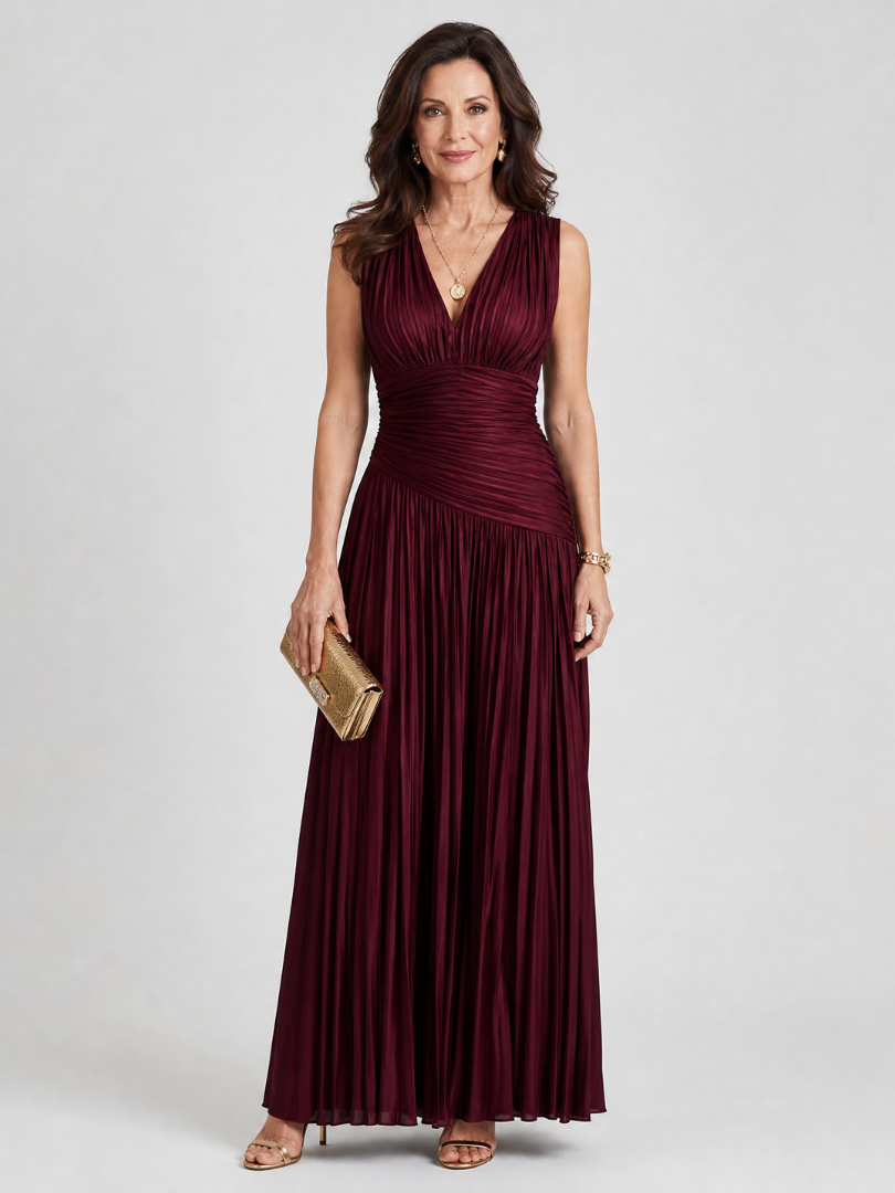Ursula | Sleeveless Pleated V Neck Midi Dress