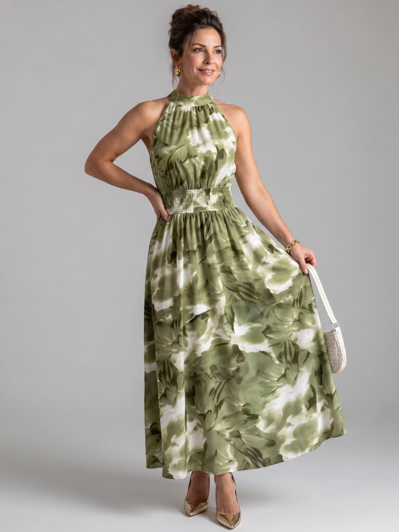 Quinn | Gathered Waist Abstract Print Midi Dress
