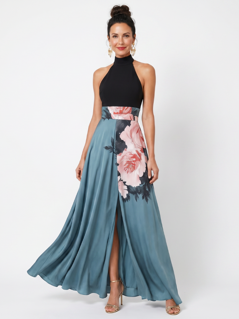 Odette | Halter Bodice Floral Skirt Maxi Dress