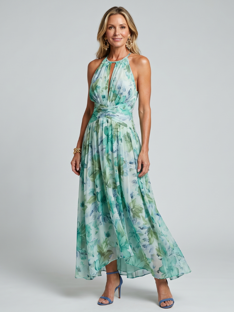Georgia | Pleated Halter Floral Midi Dress