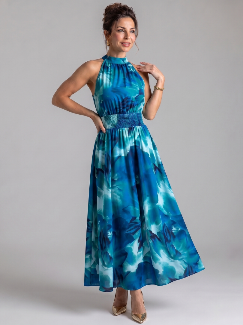 Quinn | Gathered Waist Abstract Print Midi Dress