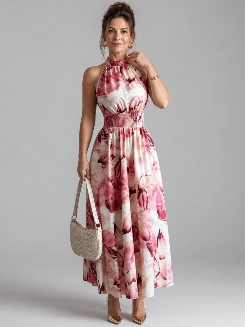 Quinn | Gathered Waist Abstract Print Midi Dress