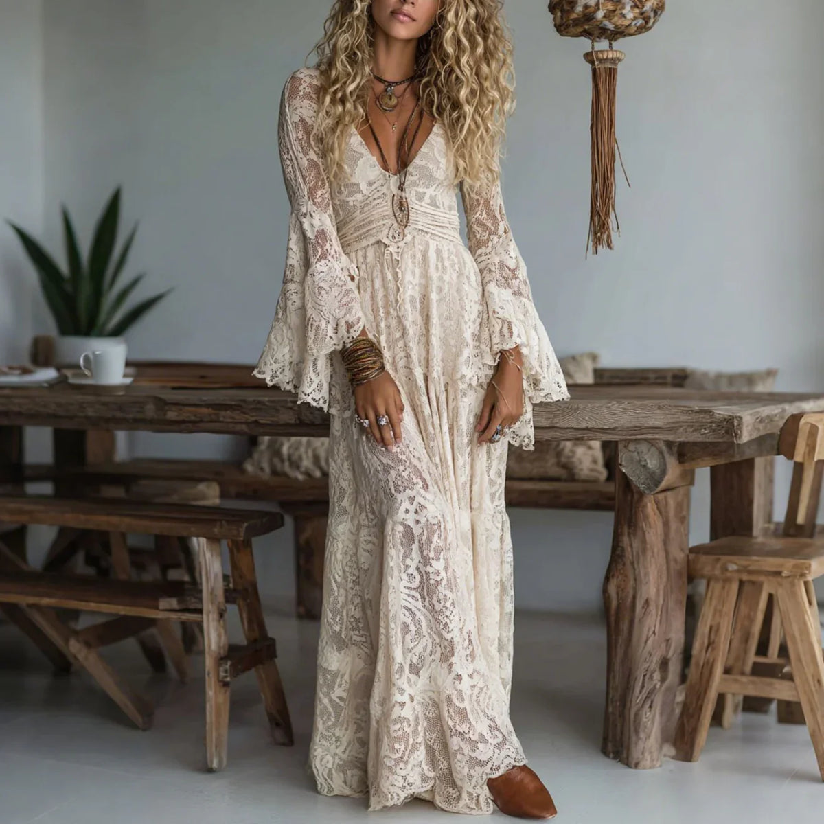 Roxanne | Deep V-Neck Bohemian Maxi Dress